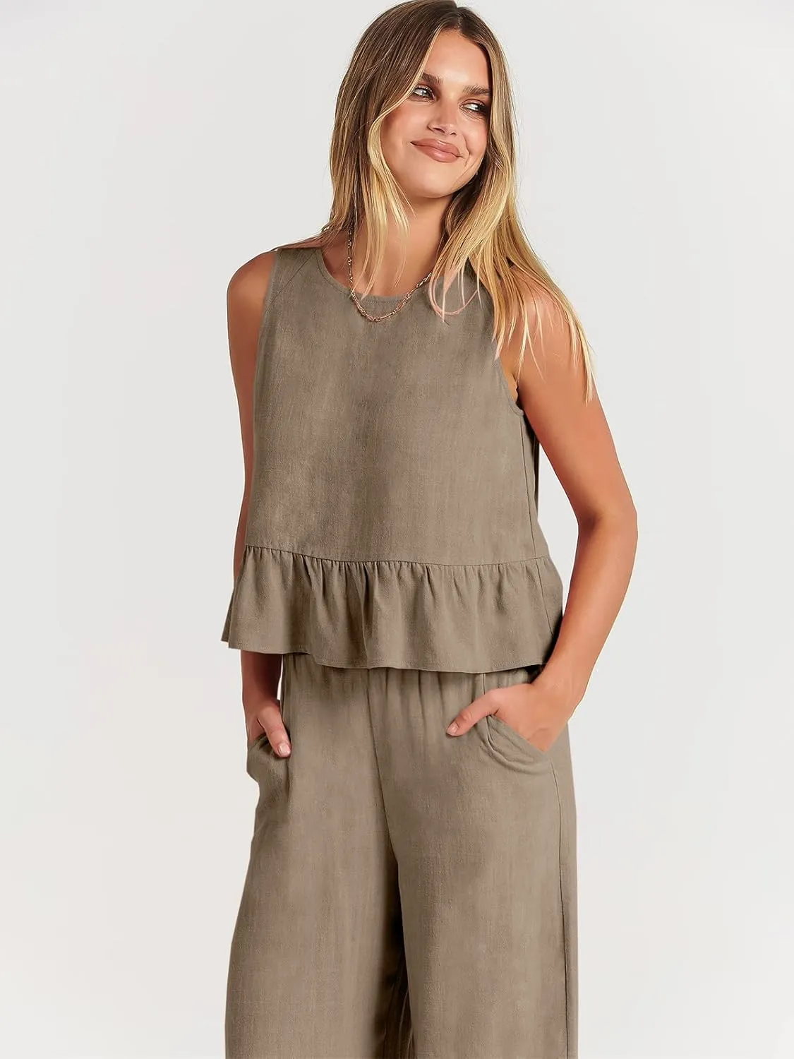 ANRABESS Women Summer 2 Piece Outfits Sleeveless Tank Crop Top Wide Leg Pants Linen Jumpsuits Lounge Matching Beach Sets