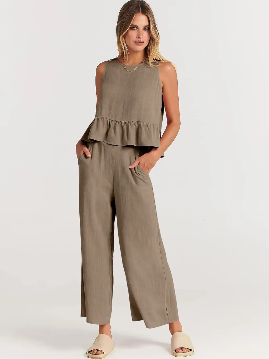 ANRABESS Women Summer 2 Piece Outfits Sleeveless Tank Crop Top Wide Leg Pants Linen Jumpsuits Lounge Matching Beach Sets