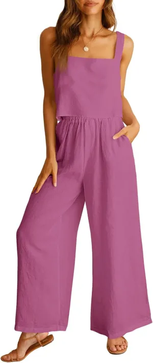 ANRABESS Women's 2 Piece Outfits Linen Pants Jumpsuit Matching Lounge Set Casual Summer Beach Vacation Trendy Clothes