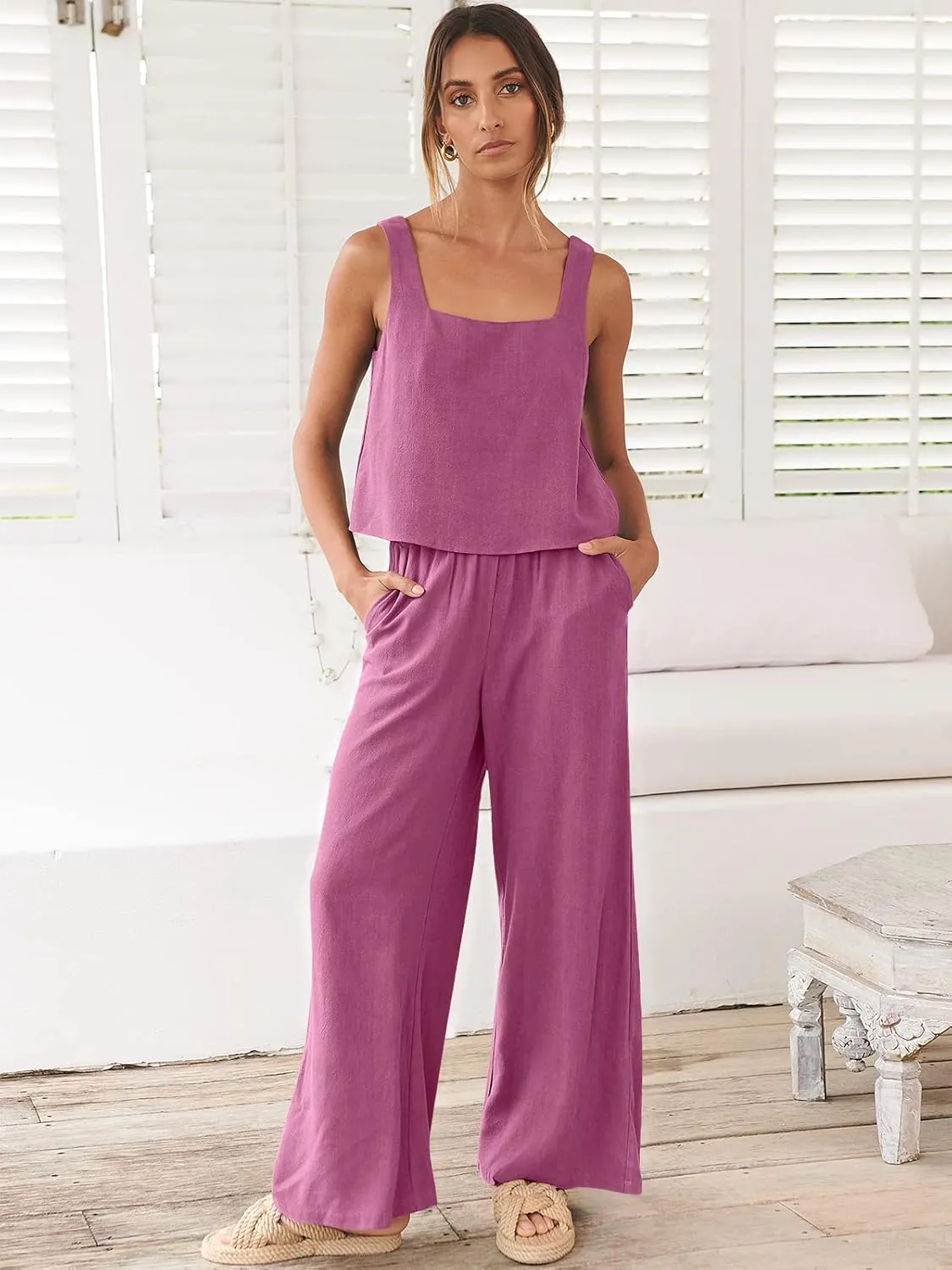 ANRABESS Women's 2 Piece Outfits Linen Pants Jumpsuit Matching Lounge Set Casual Summer Beach Vacation Trendy Clothes