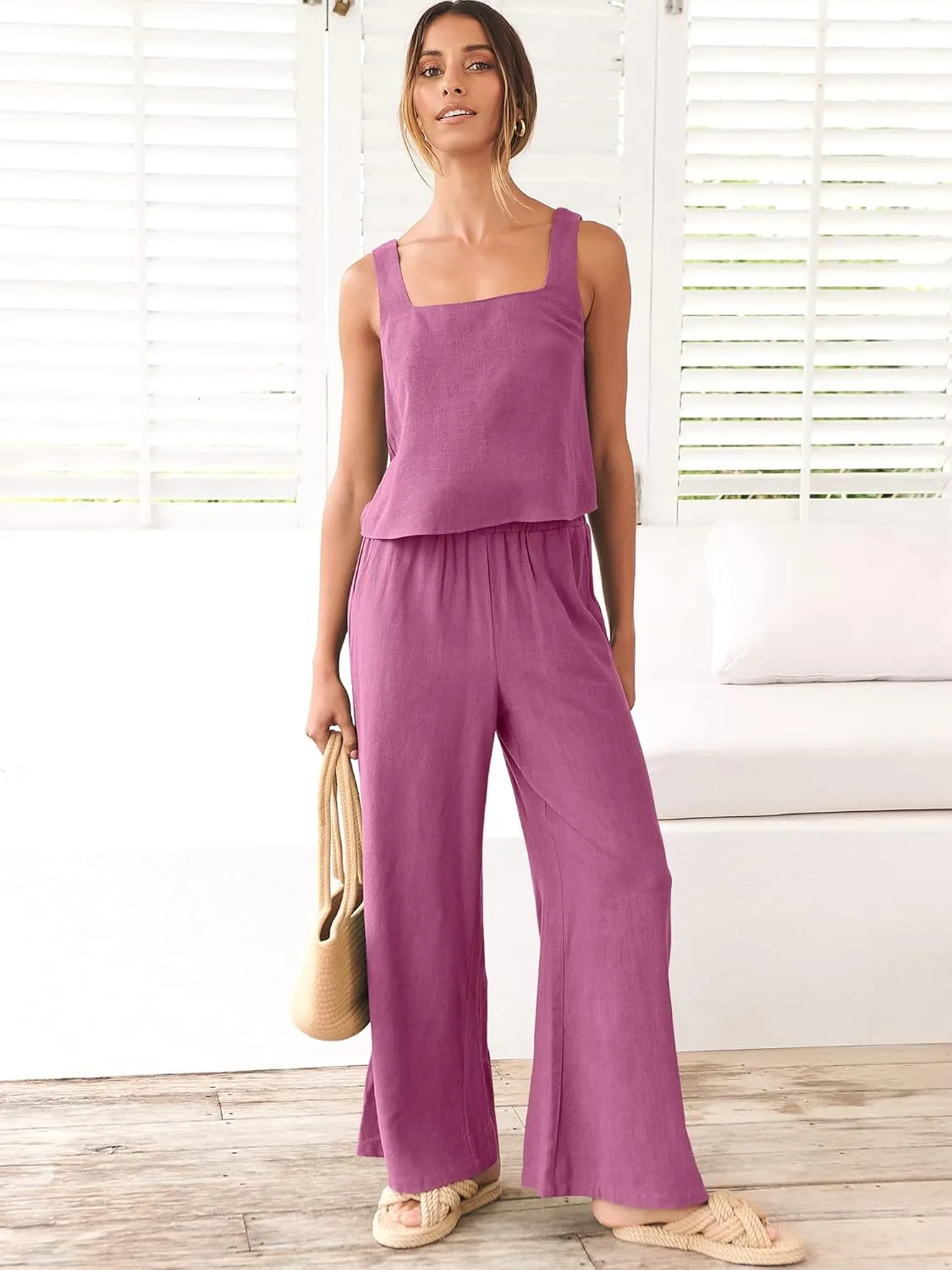 ANRABESS Women's 2 Piece Outfits Linen Pants Jumpsuit Matching Lounge Set Casual Summer Beach Vacation Trendy Clothes