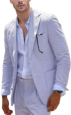 Aowdoy Blue Seersucker Suits 2 Piece Casual Summer Beach Men Suits Wedding Grooms Jacket Pants Striped Suit Set