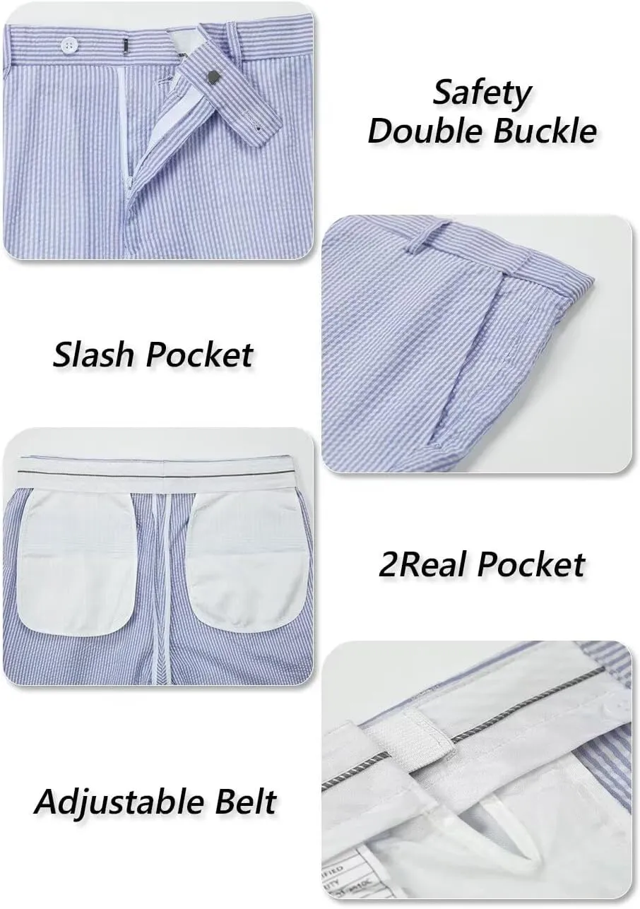 Aowdoy Blue Seersucker Suits 2 Piece Casual Summer Beach Men Suits Wedding Grooms Jacket Pants Striped Suit Set