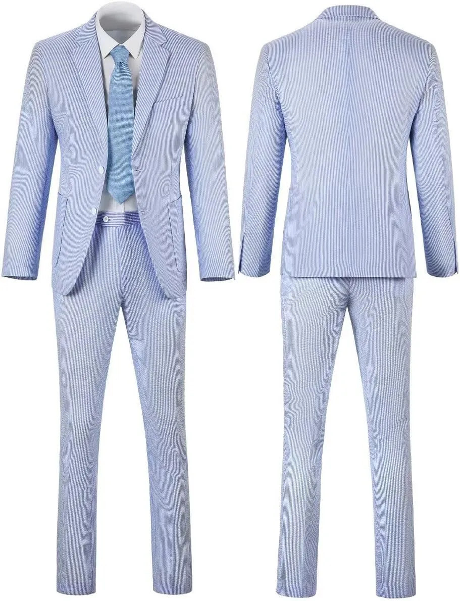 Aowdoy Blue Seersucker Suits 2 Piece Casual Summer Beach Men Suits Wedding Grooms Jacket Pants Striped Suit Set