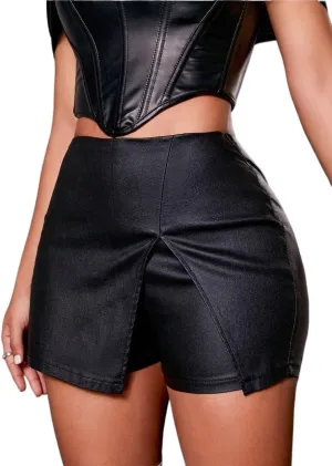 Asymmetrical Hem PU Leather Skort Hot Shorts for Women