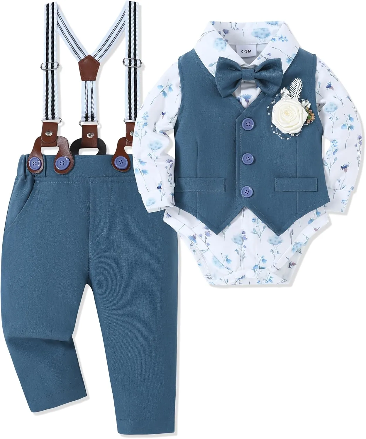 Baby Boy Clothes Suit Infant Gentleman Wedding Outfit Dress Shirt Bowtie Vest Corsage Suspender Pants 6Pcs Set 0-24M