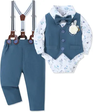 Baby Boy Clothes Suit Infant Gentleman Wedding Outfit Dress Shirt Bowtie Vest Corsage Suspender Pants 6Pcs Set 0-24M