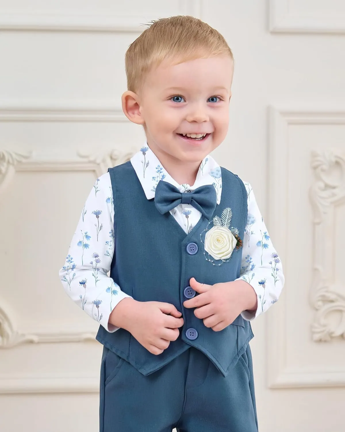 Baby Boy Clothes Suit Infant Gentleman Wedding Outfit Dress Shirt Bowtie Vest Corsage Suspender Pants 6Pcs Set 0-24M