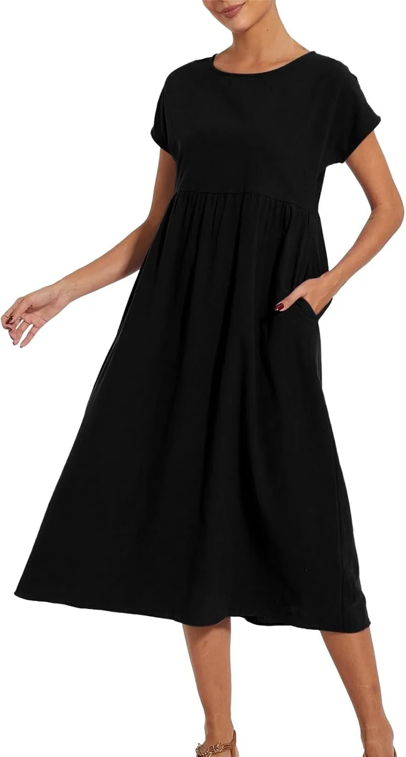 Baggy Linen Dresses for Women Summer Short Sleeve Crewneck A Line Dress Tunic Beach Swing Maxi Dresses with Pockets