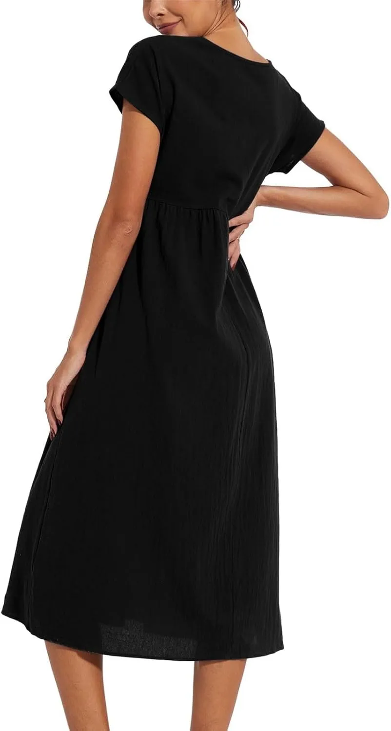 Baggy Linen Dresses for Women Summer Short Sleeve Crewneck A Line Dress Tunic Beach Swing Maxi Dresses with Pockets