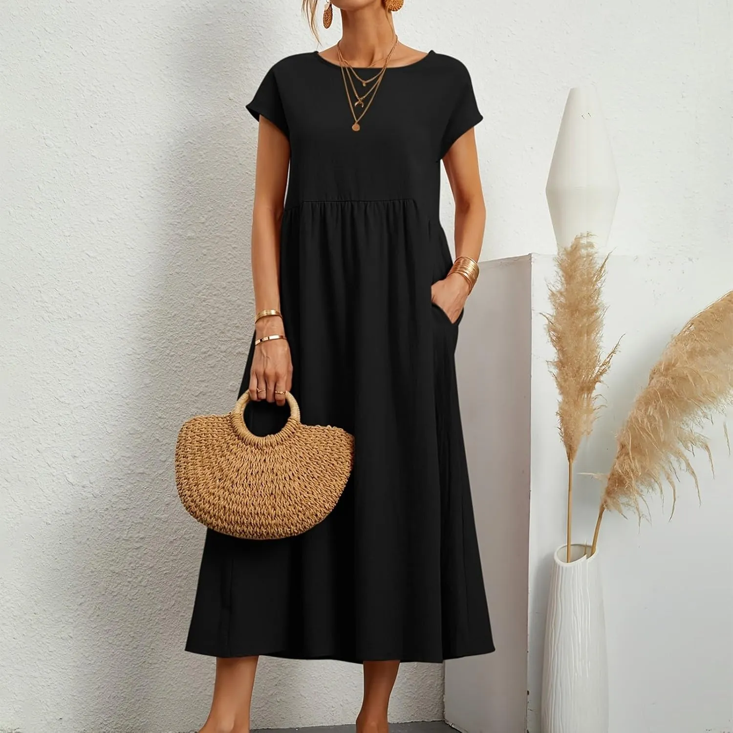 Baggy Linen Dresses for Women Summer Short Sleeve Crewneck A Line Dress Tunic Beach Swing Maxi Dresses with Pockets