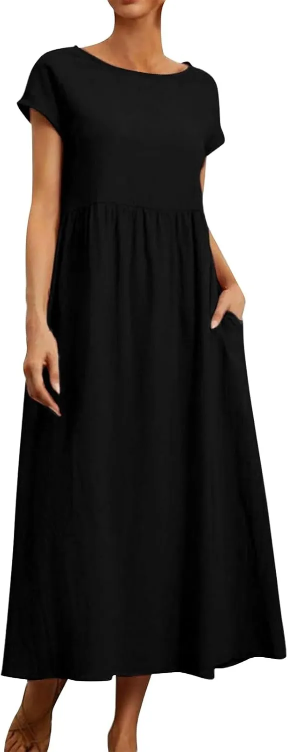 Baggy Linen Dresses for Women Summer Short Sleeve Crewneck A Line Dress Tunic Beach Swing Maxi Dresses with Pockets