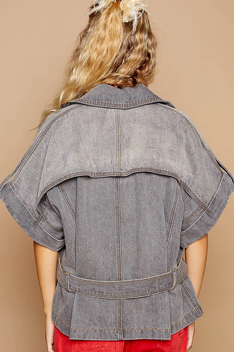 Belted denim moto jacket