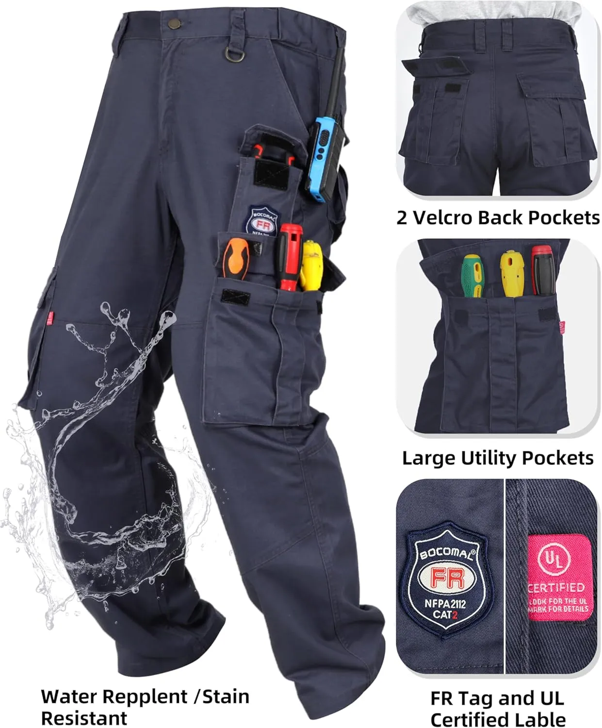 BOCOMAL FR Pants for Men Cargo Pockets Flame Resistant/Fire Retardant Elastic Waist Water & Oil Repellent Finish