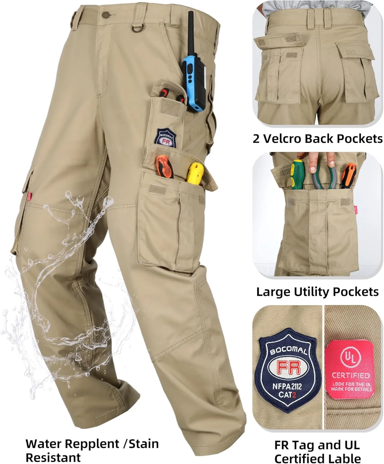 BOCOMAL FR Pants for Men Cargo Pockets Flame Resistant/Fire Retardant Elastic Waist Water & Oil Repellent Finish