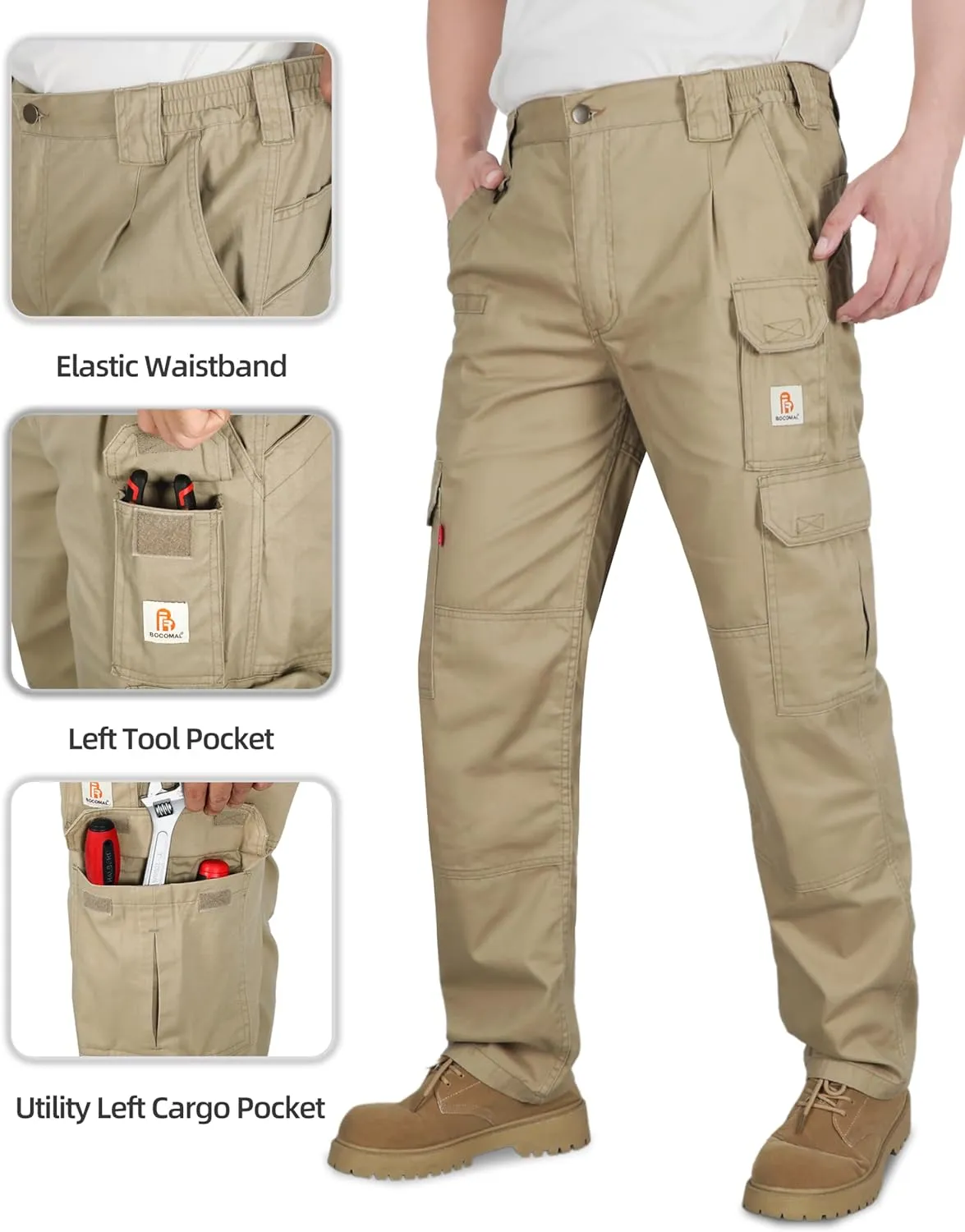 BOCOMAL FR Pants for Men Double Front Flame Resistant Cargo 10 Multi-Pockets Elastic Waist Work Pants