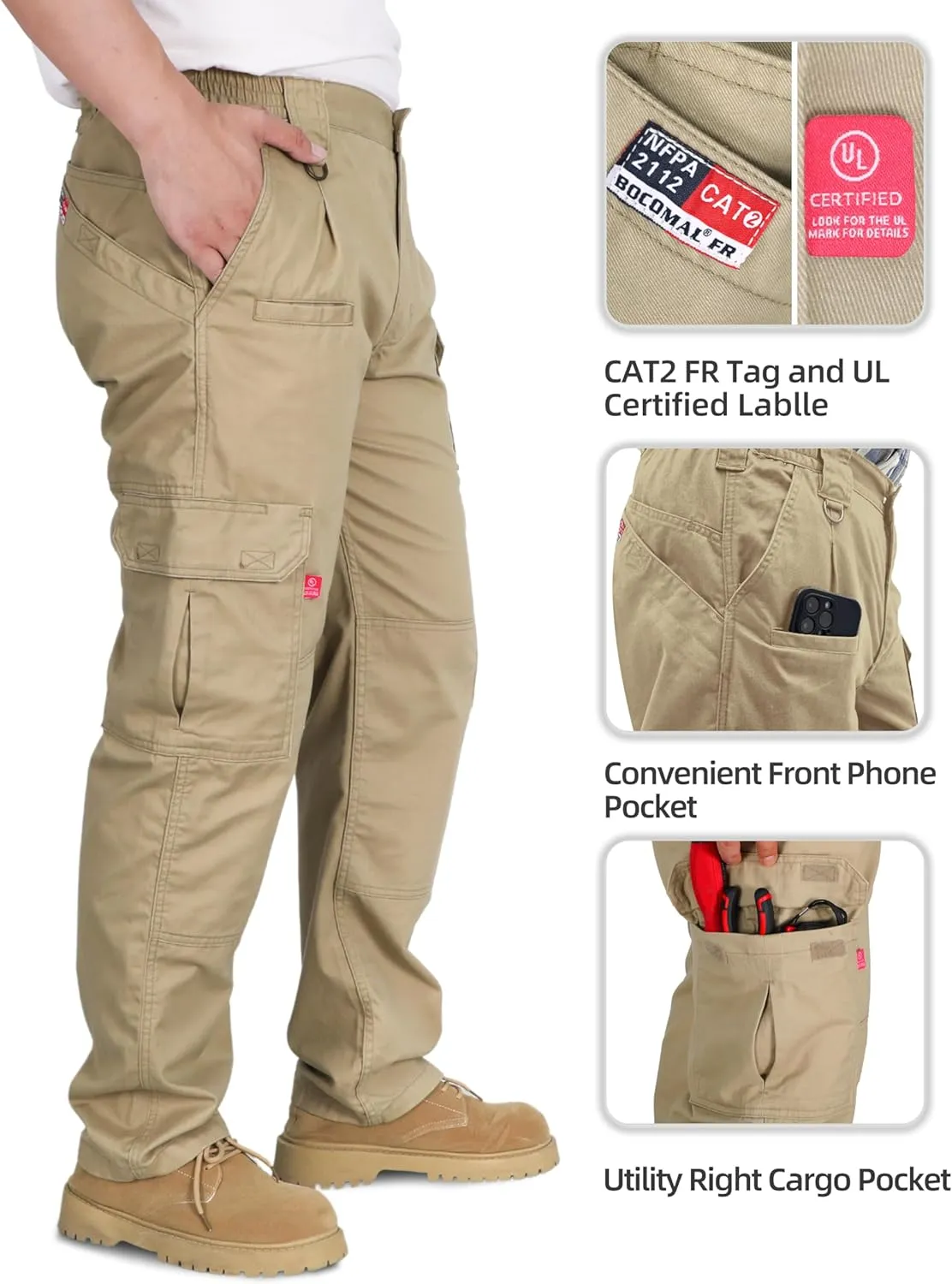 BOCOMAL FR Pants for Men Double Front Flame Resistant Cargo 10 Multi-Pockets Elastic Waist Work Pants