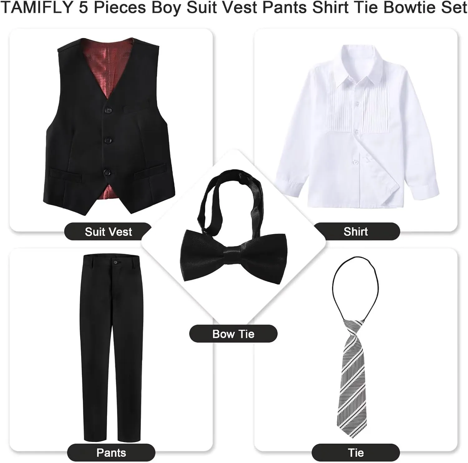 Boy 5-Piece Formal Suit Set Slim Fit Vest Pants Collared Dress Shirt Tie Kids Baby Boy Teen Ring Bearer Gentleman Outfits