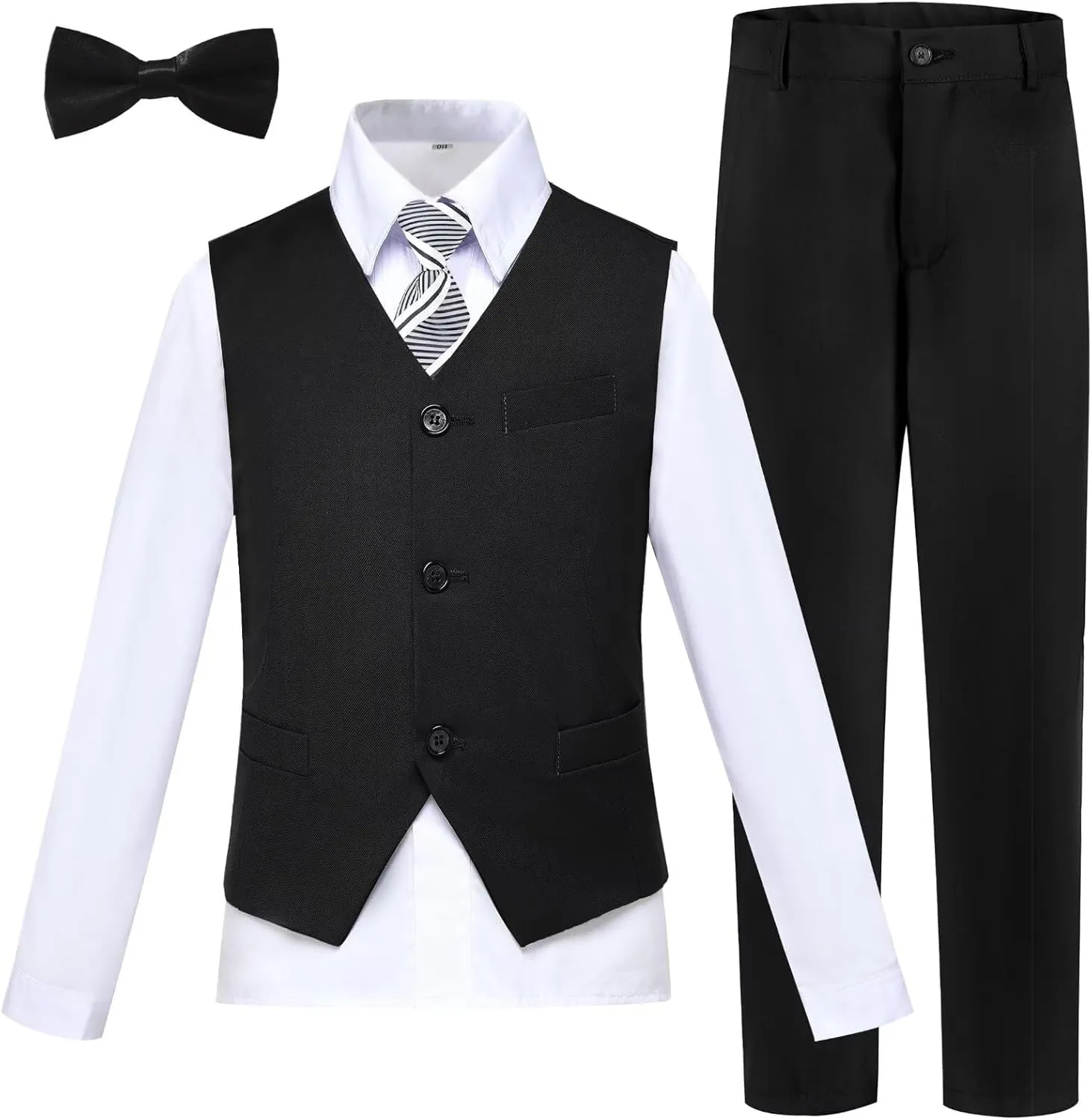 Boy 5-Piece Formal Suit Set Slim Fit Vest Pants Collared Dress Shirt Tie Kids Baby Boy Teen Ring Bearer Gentleman Outfits