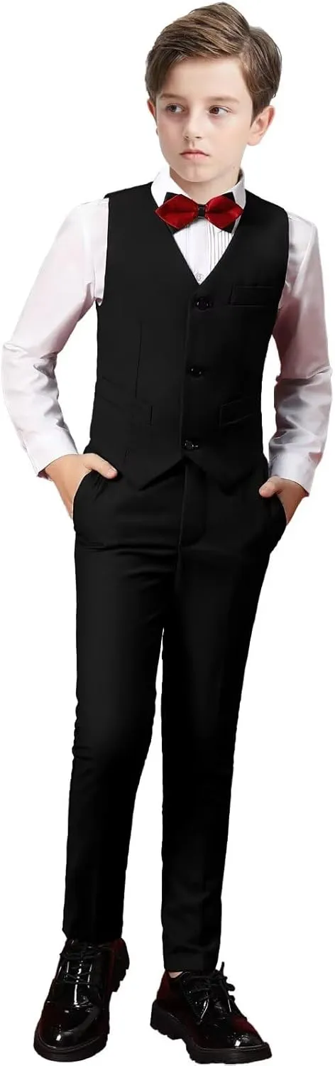 Boy 5-Piece Formal Suit Set Slim Fit Vest Pants Collared Dress Shirt Tie Kids Baby Boy Teen Ring Bearer Gentleman Outfits