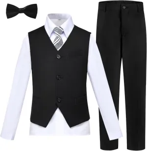 Boy 5-Piece Formal Suit Set Slim Fit Vest Pants Collared Dress Shirt Tie Kids Baby Boy Teen Ring Bearer Gentleman Outfits