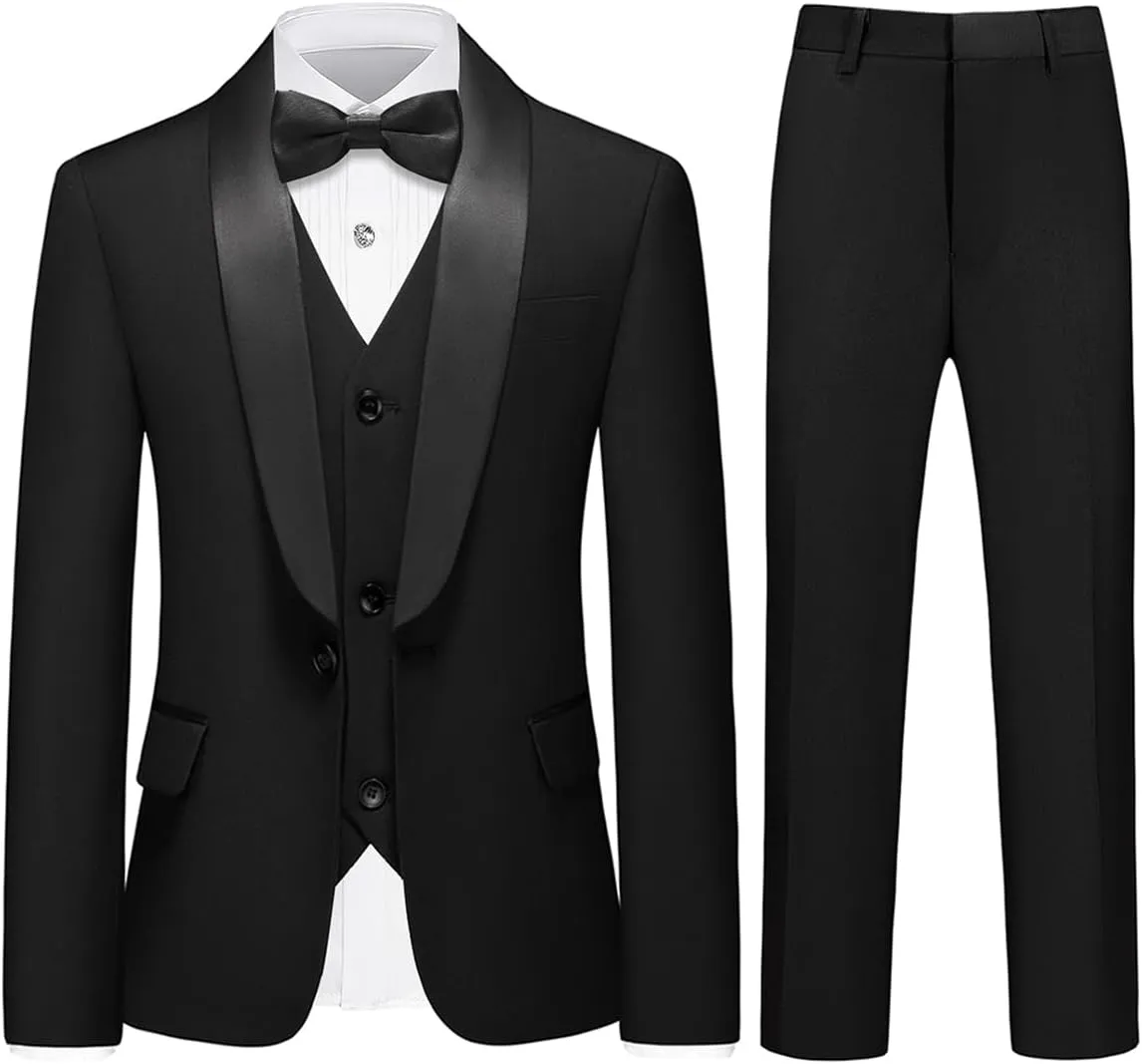 Boy Suits 3 Piece Slim Fit Formal Suit Set with Tuxedo Jacket Vest Pants for Kids Wedding Ring Bearer Party