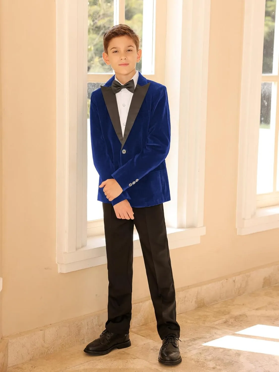 Boyland Boys Tuxedo Suit Velvet Peak Lapel Vintage 2 Pieces Slim Fit Jacket Pants Suit Set Prom Party