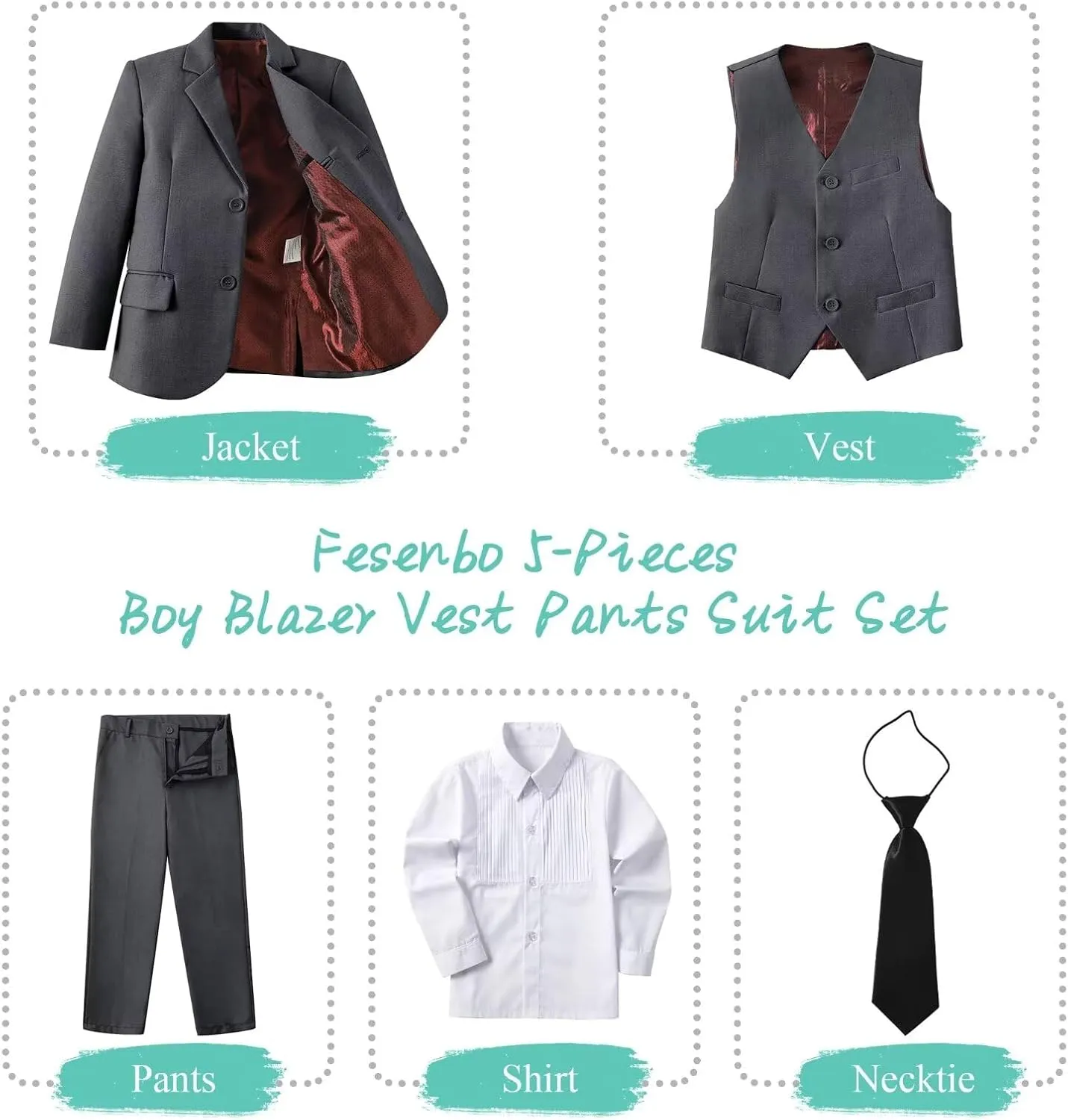 Boy's Suit Formal Slim Fit 5 Pieces Suit Set Blazer Vest Pants with Adjustable Waist Shirt with Tie