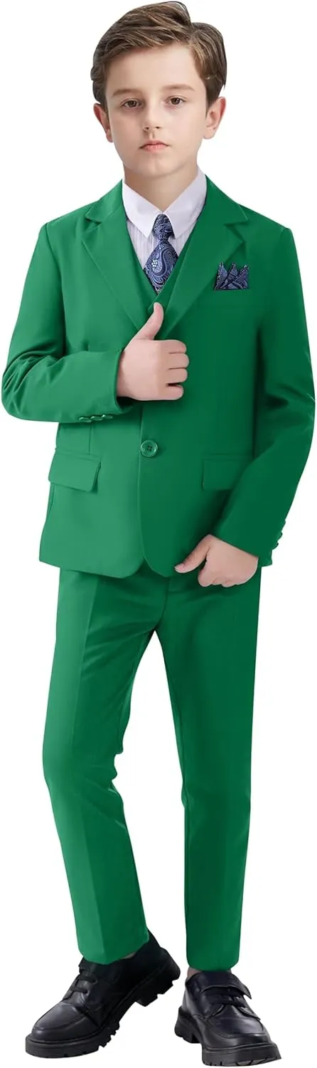 Boy's Suit Formal Slim Fit 5 Pieces Suit Set Blazer Vest Pants with Adjustable Waist Shirt with Tie
