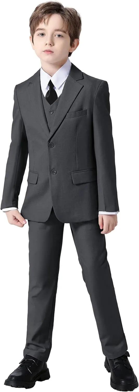 Boy's Suit Formal Slim Fit 5 Pieces Suit Set Blazer Vest Pants with Adjustable Waist Shirt with Tie