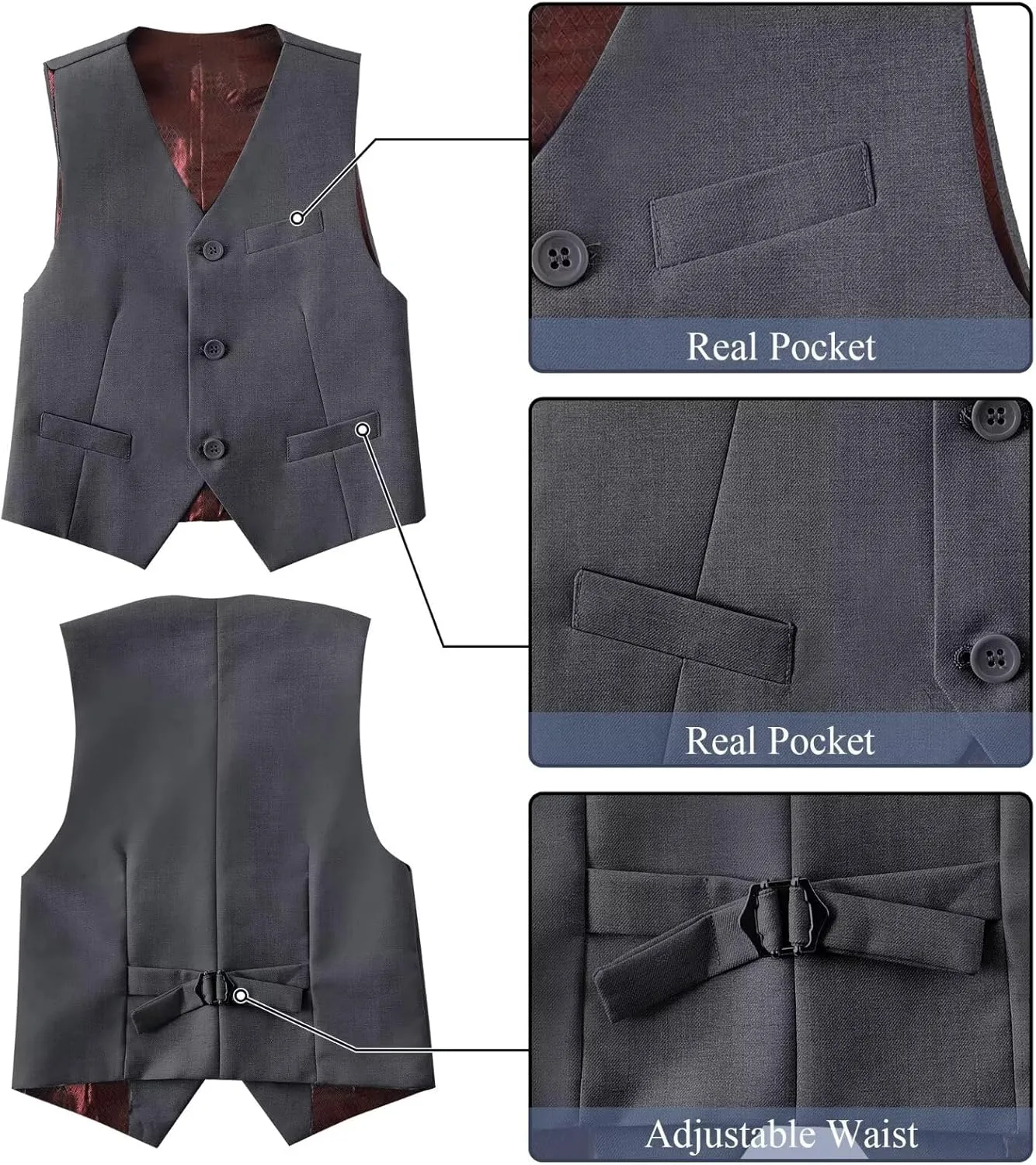 Boy's Suit Formal Slim Fit 5 Pieces Suit Set Blazer Vest Pants with Adjustable Waist Shirt with Tie