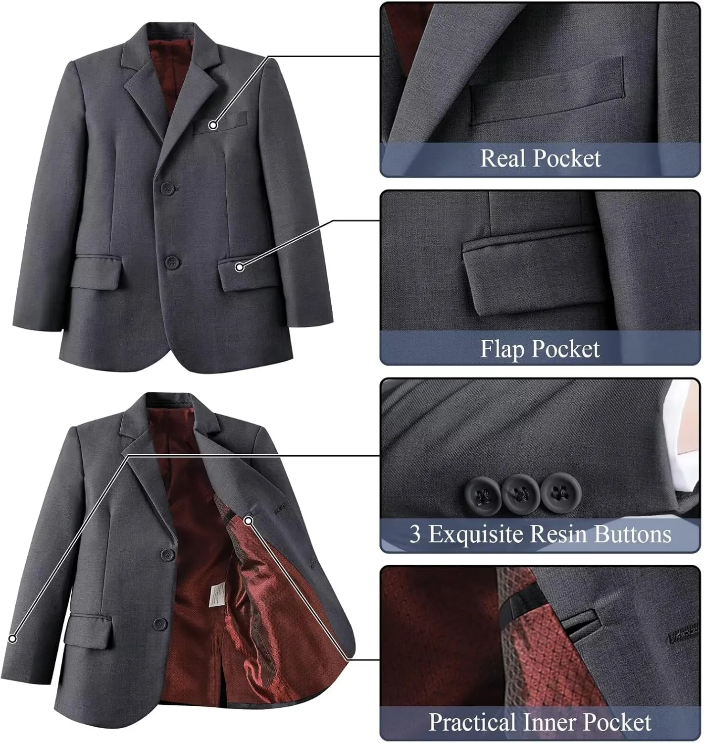 Boy's Suit Formal Slim Fit 5 Pieces Suit Set Blazer Vest Pants with Adjustable Waist Shirt with Tie