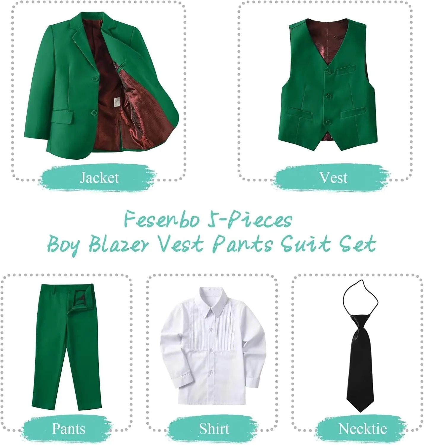 Boy's Suit Formal Slim Fit 5 Pieces Suit Set Blazer Vest Pants with Adjustable Waist Shirt with Tie