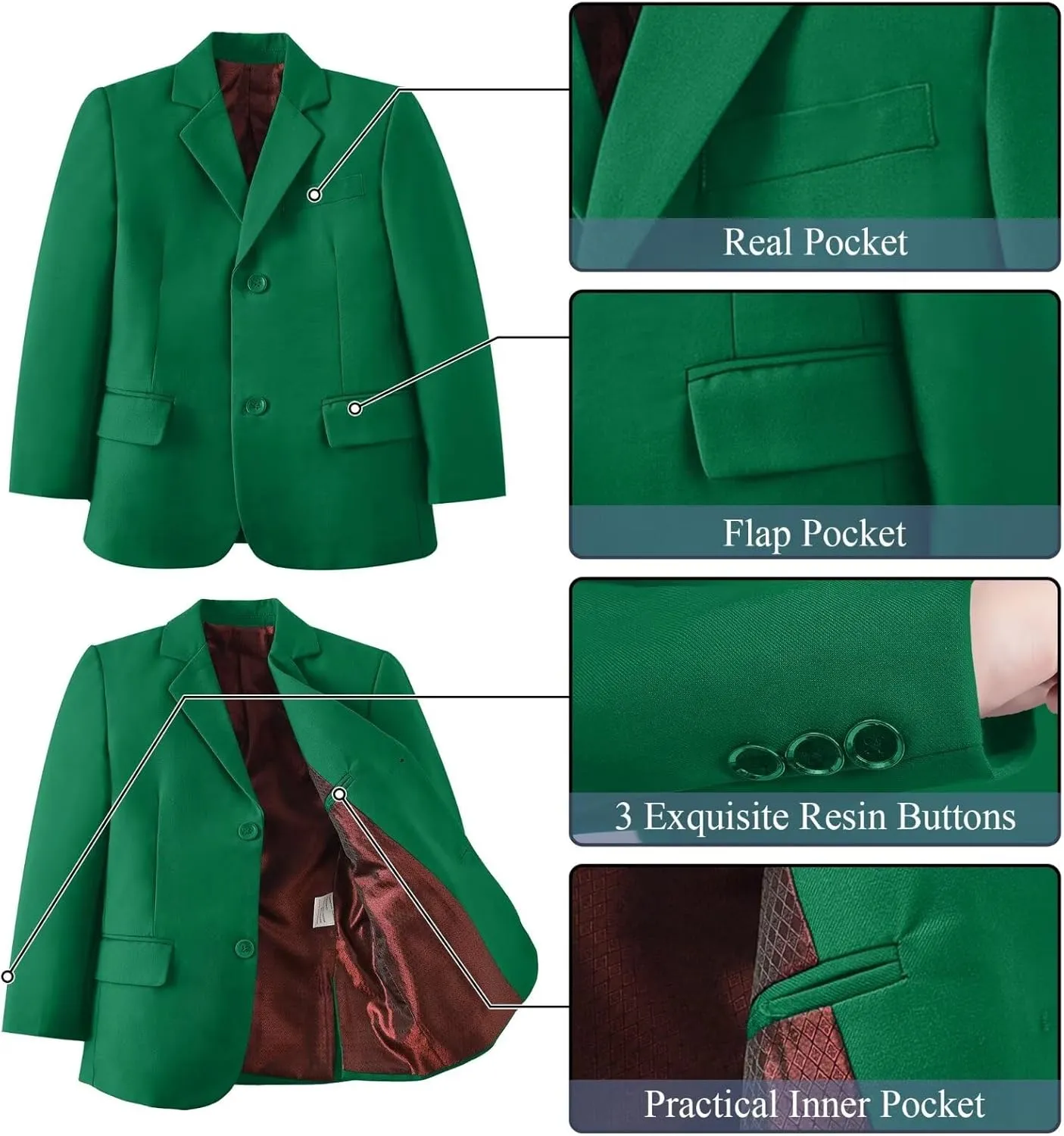 Boy's Suit Formal Slim Fit 5 Pieces Suit Set Blazer Vest Pants with Adjustable Waist Shirt with Tie