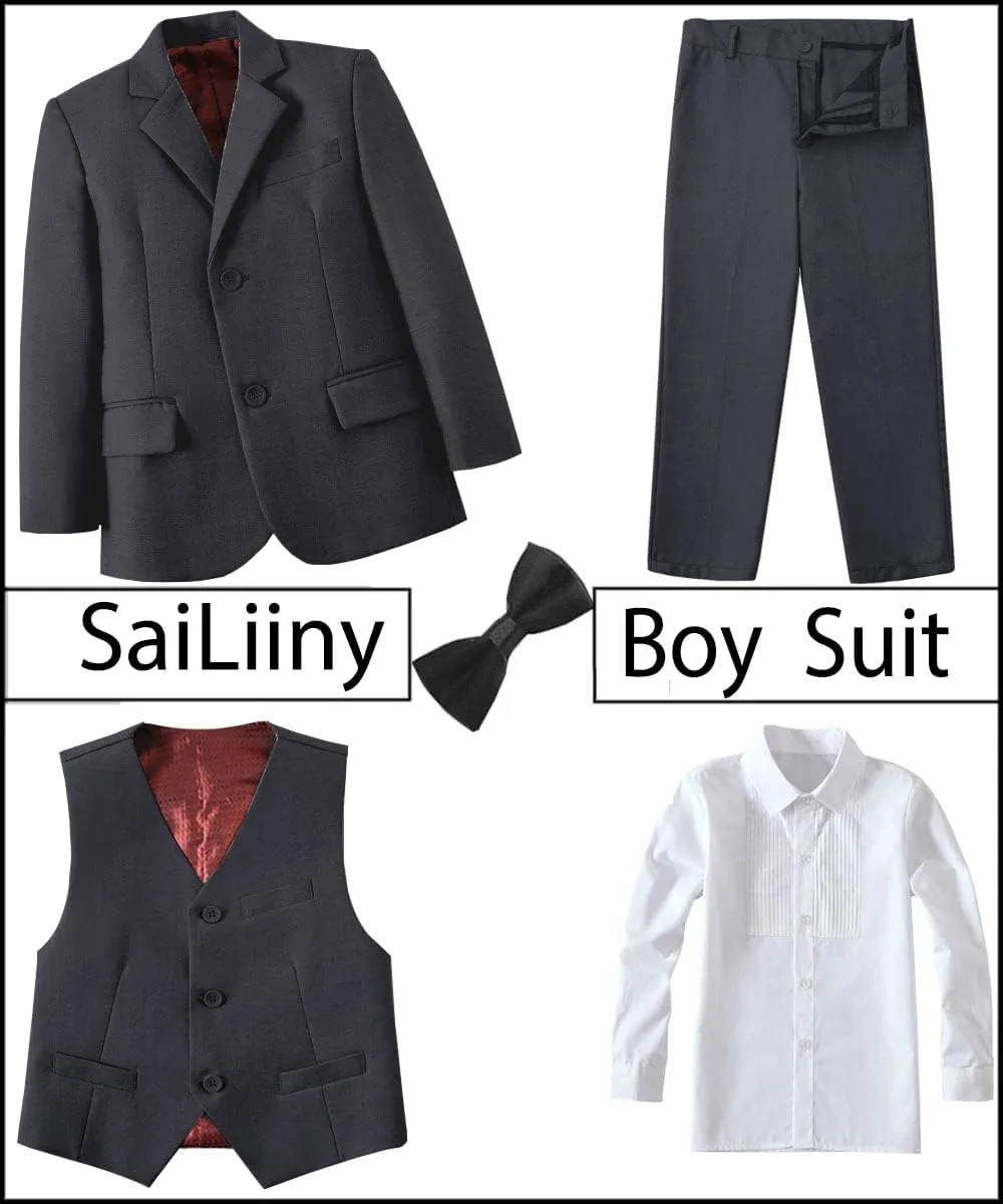 Boys Suits 5 Pieces Slim Fit Blazer Pants Black Blue Outfit Suit for Wedding