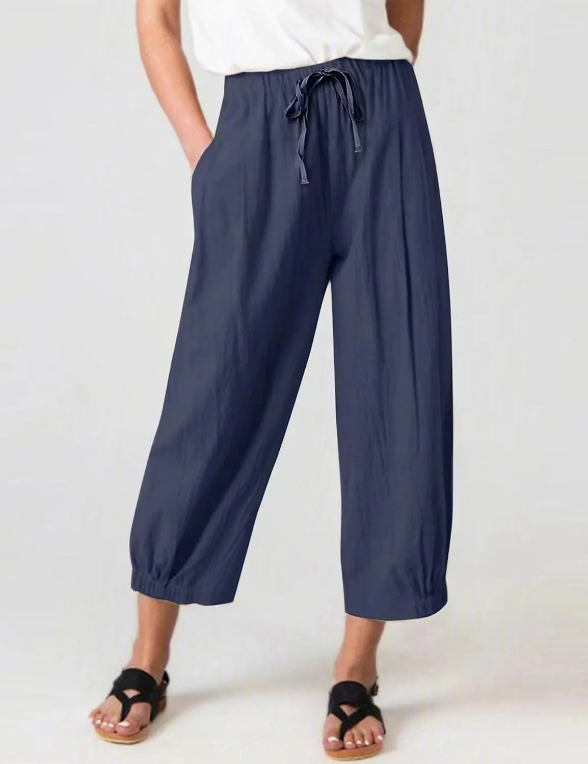 Bozanly Womens Summer Capri Pants Elastic Waist Cotton Linen Yoga Cropped Pants Trousers