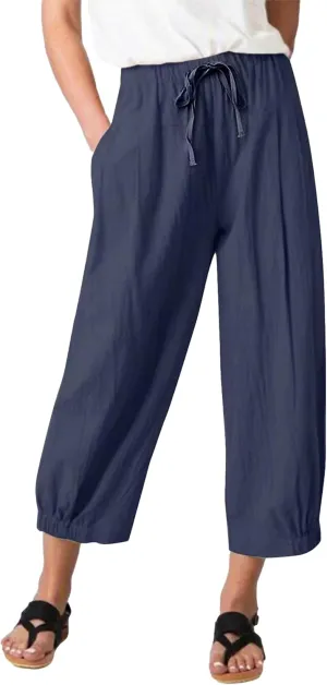 Bozanly Womens Summer Capri Pants Elastic Waist Cotton Linen Yoga Cropped Pants Trousers