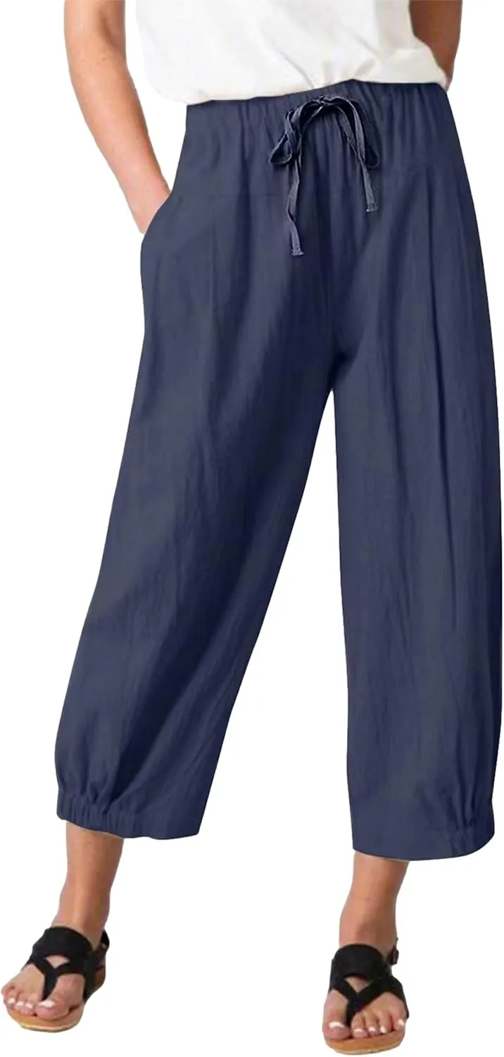 Bozanly Womens Summer Capri Pants Elastic Waist Cotton Linen Yoga Cropped Pants Trousers