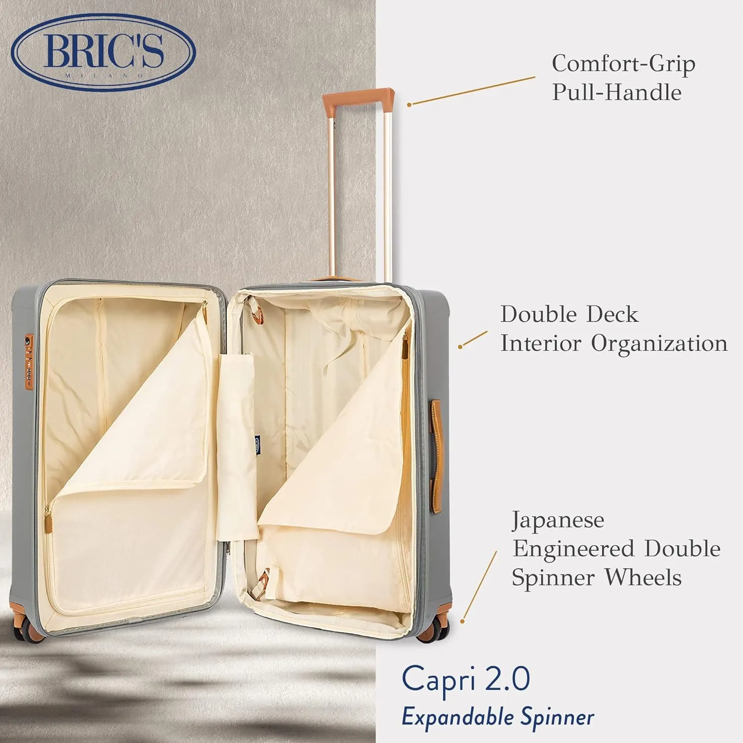 Bric's Capri 2.0 27"-Inch Spinner - Expandable Luxury Carry On Luggage With Spinner Wheels - Lightweight Carry On Suitcases with Wheels Made From Durable Polycarbonate - Silver