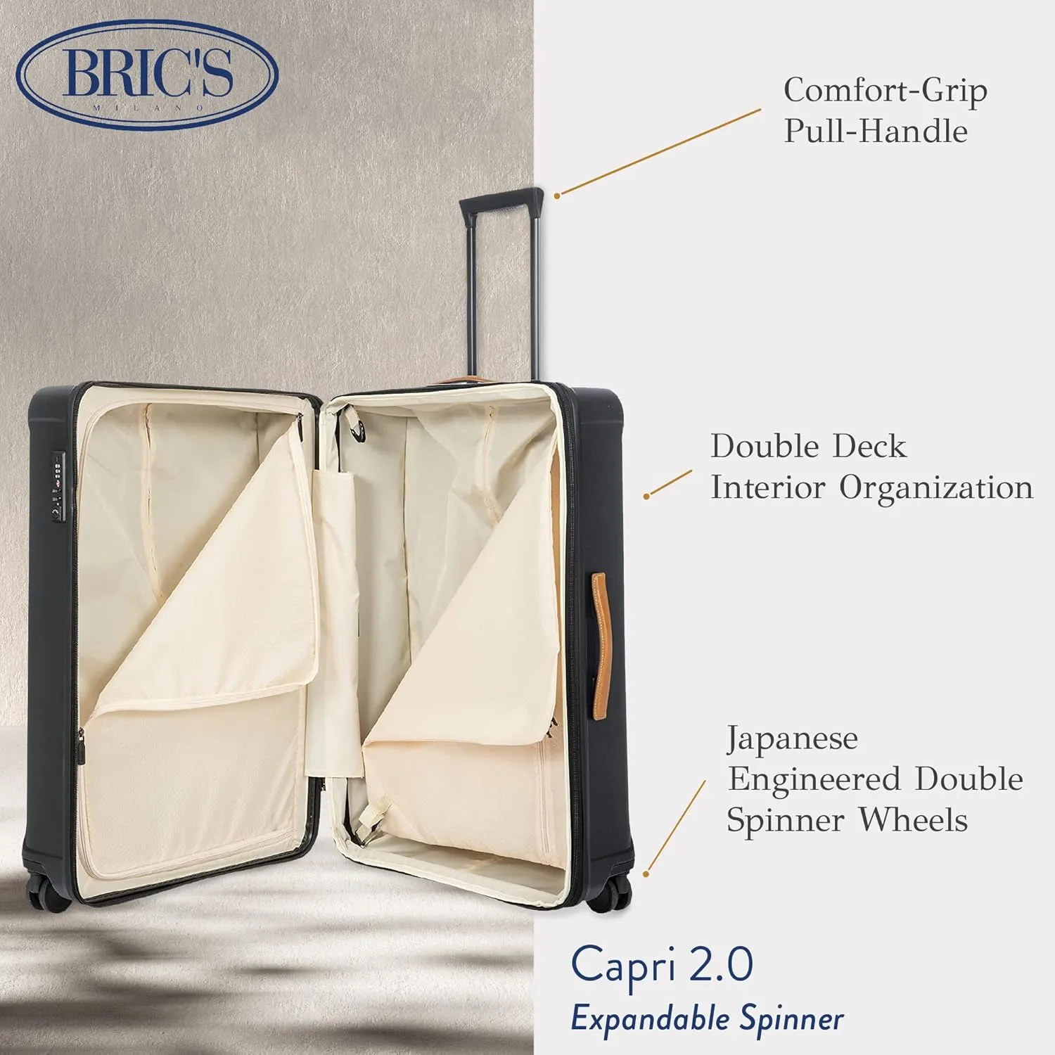 Bric's Capri 2.0 30"-Inch Spinner - Expandable Luxury Carry On Luggage With Spinner Wheels - Lightweight Carry On Suitcases with Wheels Made From Durable Polycarbonate - Matte Black