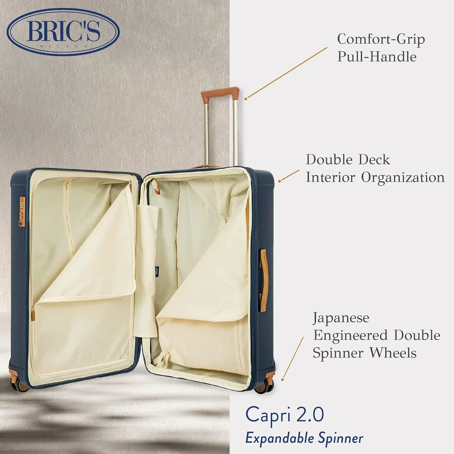 Bric's Capri 2.0 30"-Inch Spinner - Expandable Luxury Carry On Luggage With Spinner Wheels - Lightweight Carry On Suitcases with Wheels Made From Durable Polycarbonate - Matte Blue