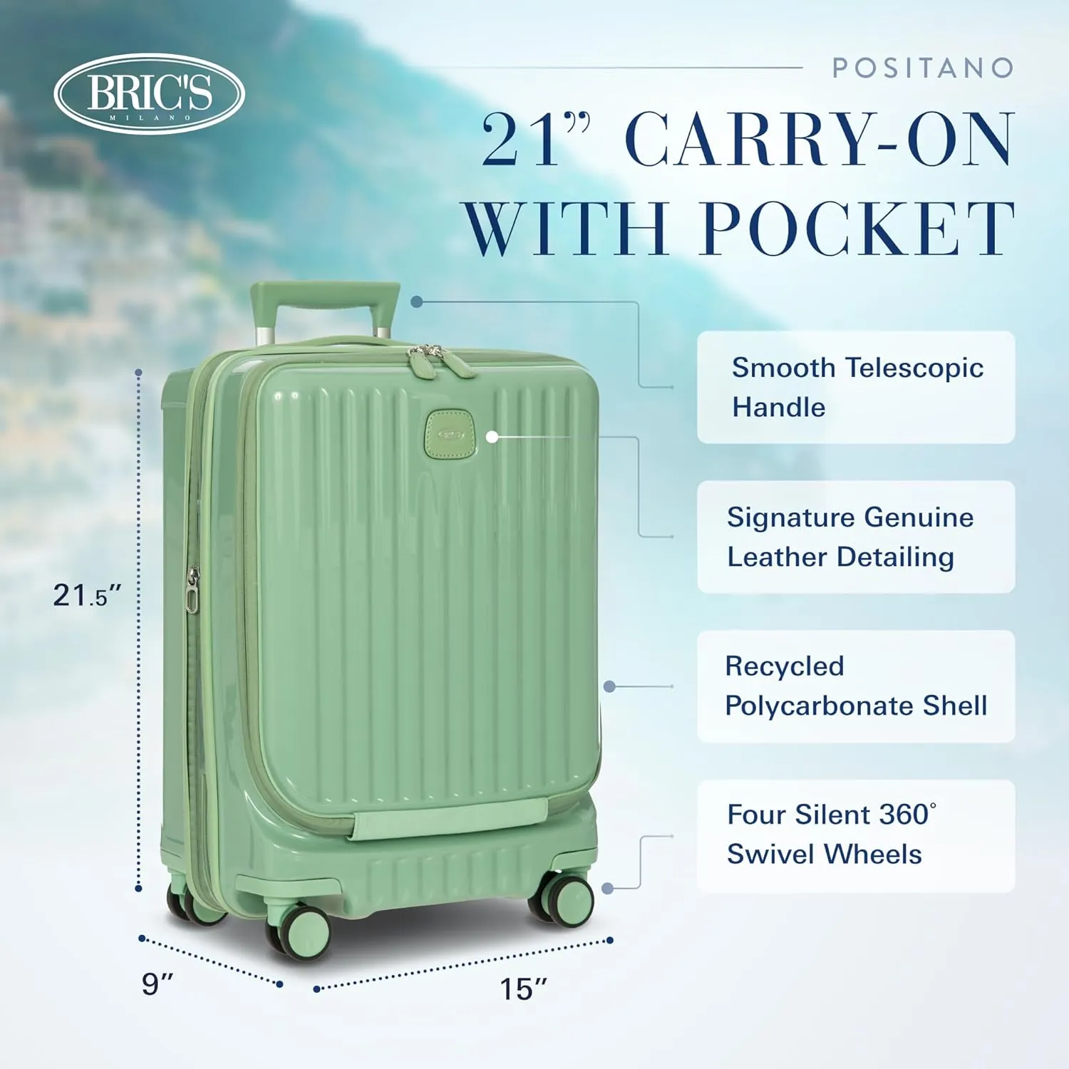 Bric's Positano 21-Inch Spinner - Luxury Carry-On Luggage With Spinner Wheels - Lightweight Suitcases Made From Durable Polycarbonate - Comes with Protective Cover and Extra Pocket - Sage Green