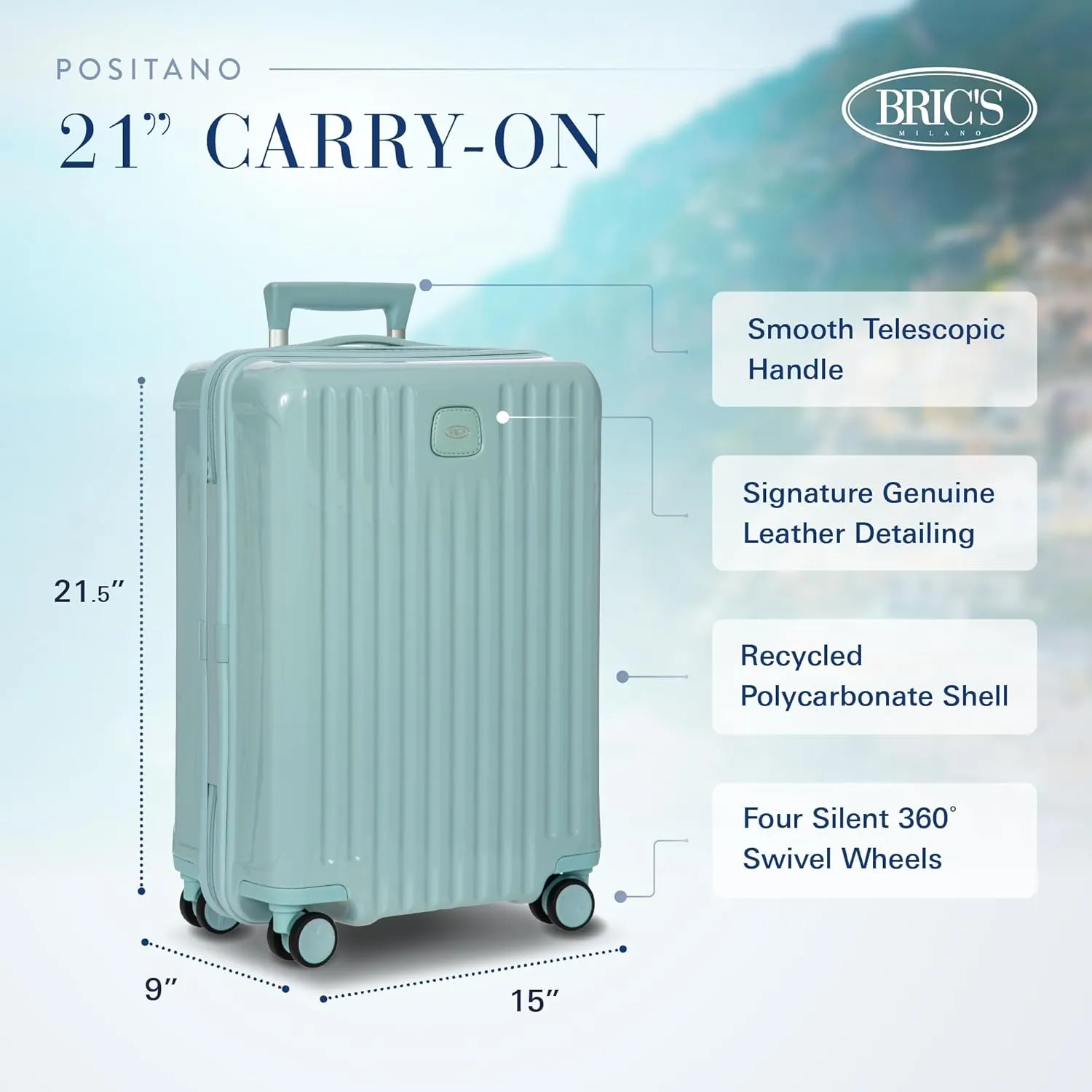 Bric's Positano 21-Inch Spinner - Luxury Carry-On Luggage With Spinner Wheels - Lightweight Suitcases Made From Durable Polycarbonate - Comes with Protective Cover - Light Blue