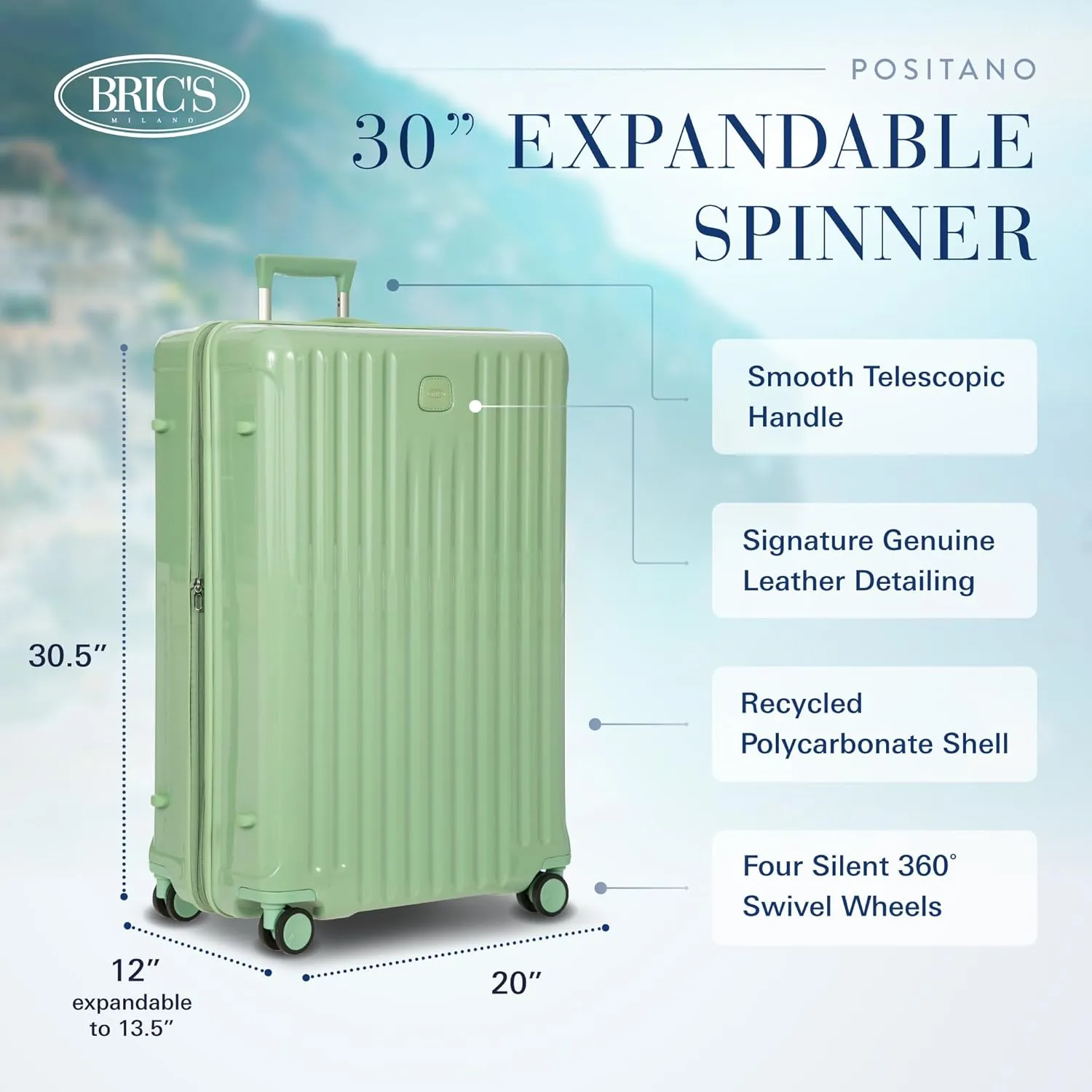 Bric's Positano 30-Inch Spinner - Expandable Luxury Checked Luggage With Spinner Wheels - Lightweight Suitcases Made From Durable Polycarbonate - Comes with Protective Cover - Sage Green