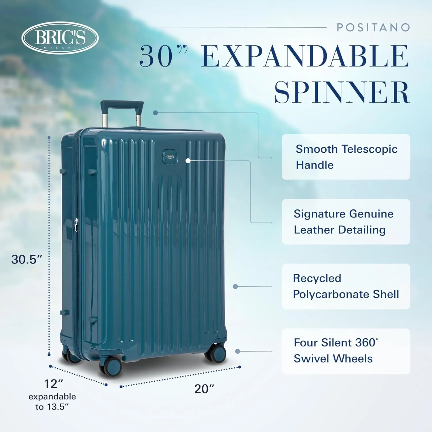 Bric's Positano 30-Inch Spinner - Expandable Luxury Checked Luggage With Spinner Wheels - Lightweight Suitcases Made From Durable Polycarbonate - Comes with Protective Cover - Sea Green