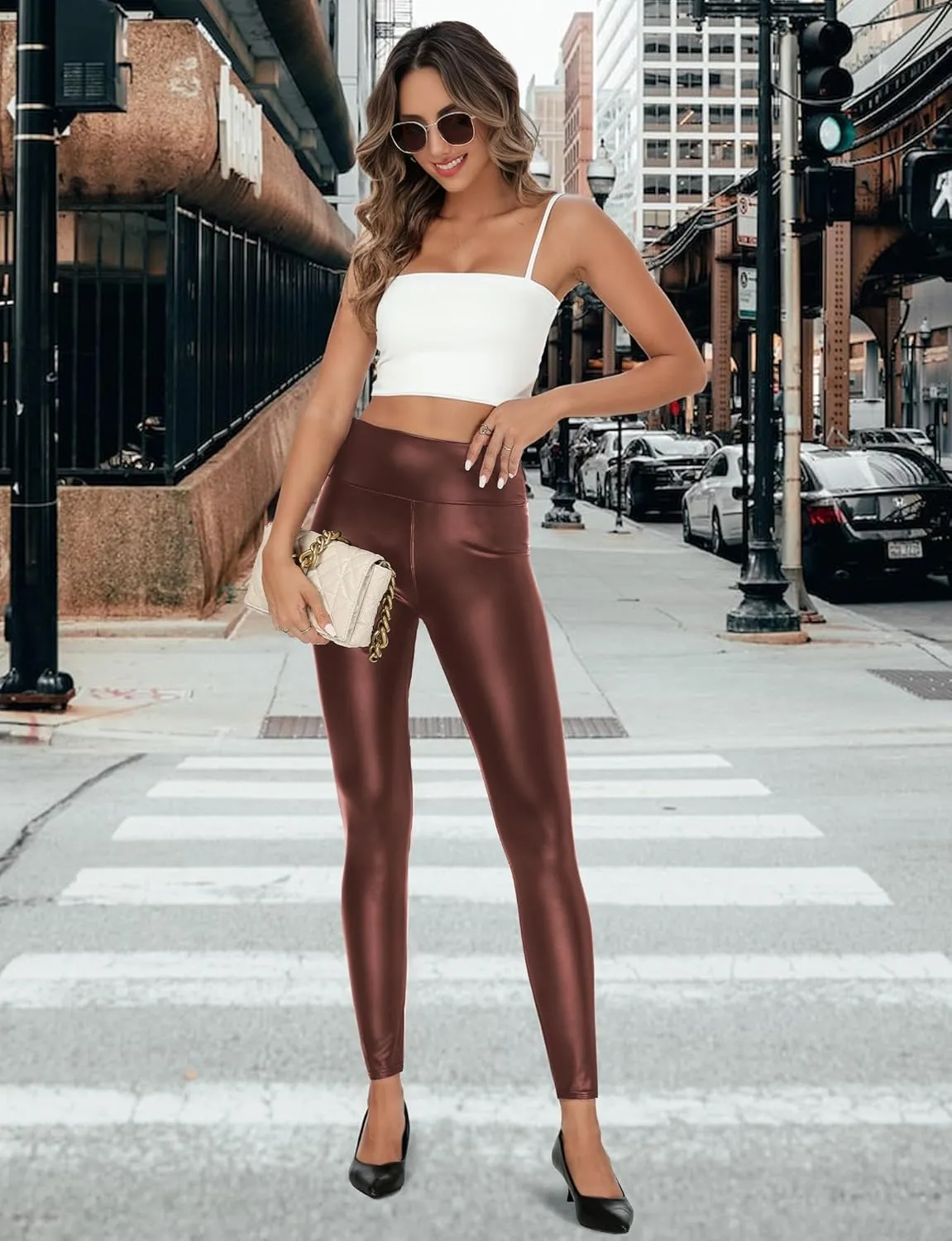 Buauty Faux Leather Leggings for Women High Waisted Leather Pants Tummy Control Stretch Pleather PU Pants