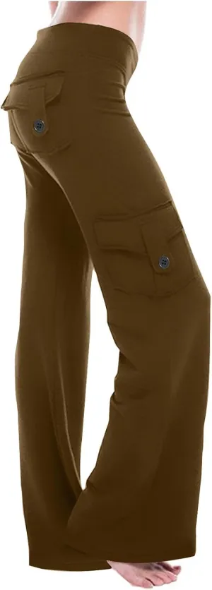 Cargo Yoga Pants with Pockets Womens Wide Leg Pants High Waisted Workout Flare Leggings Lightweight Casual Trousers