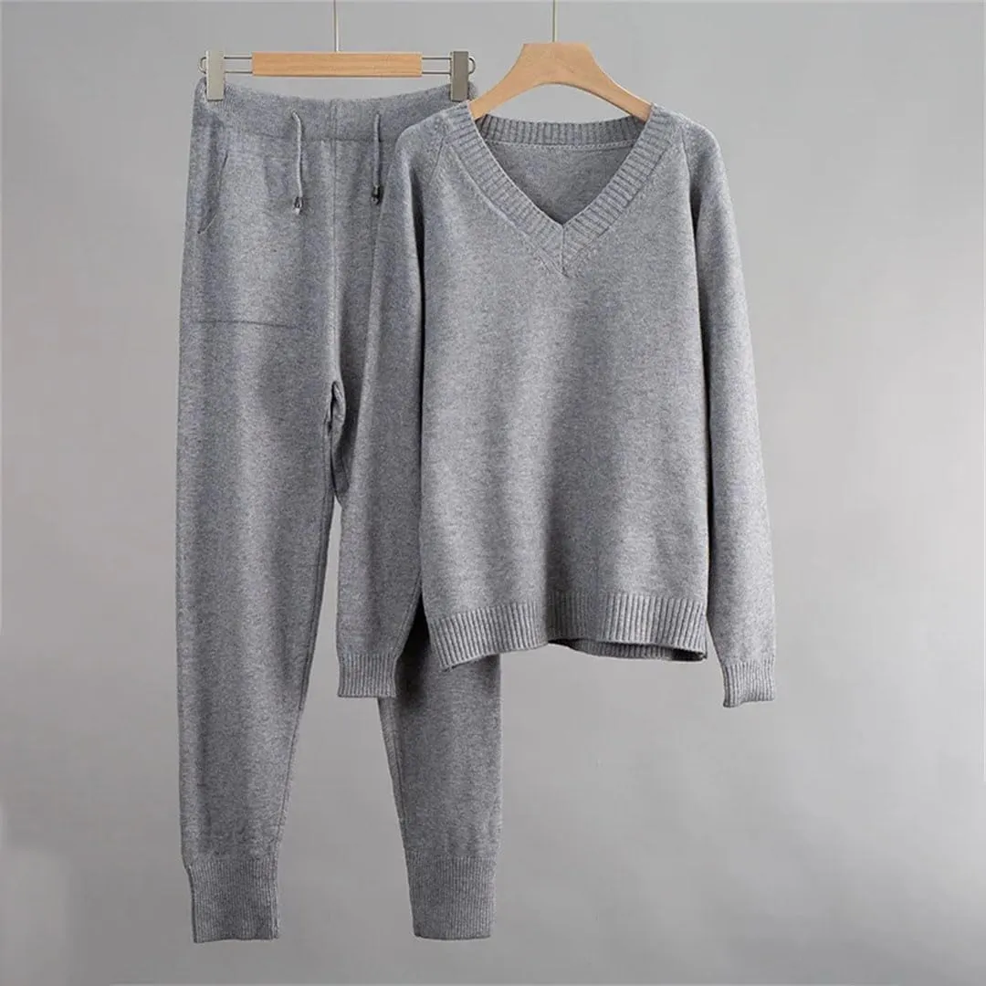 Cashmere Knitted Sets Women Loose V Neck Sweater Pant 2 Pieces Outfit Tracksuits Harem Pants