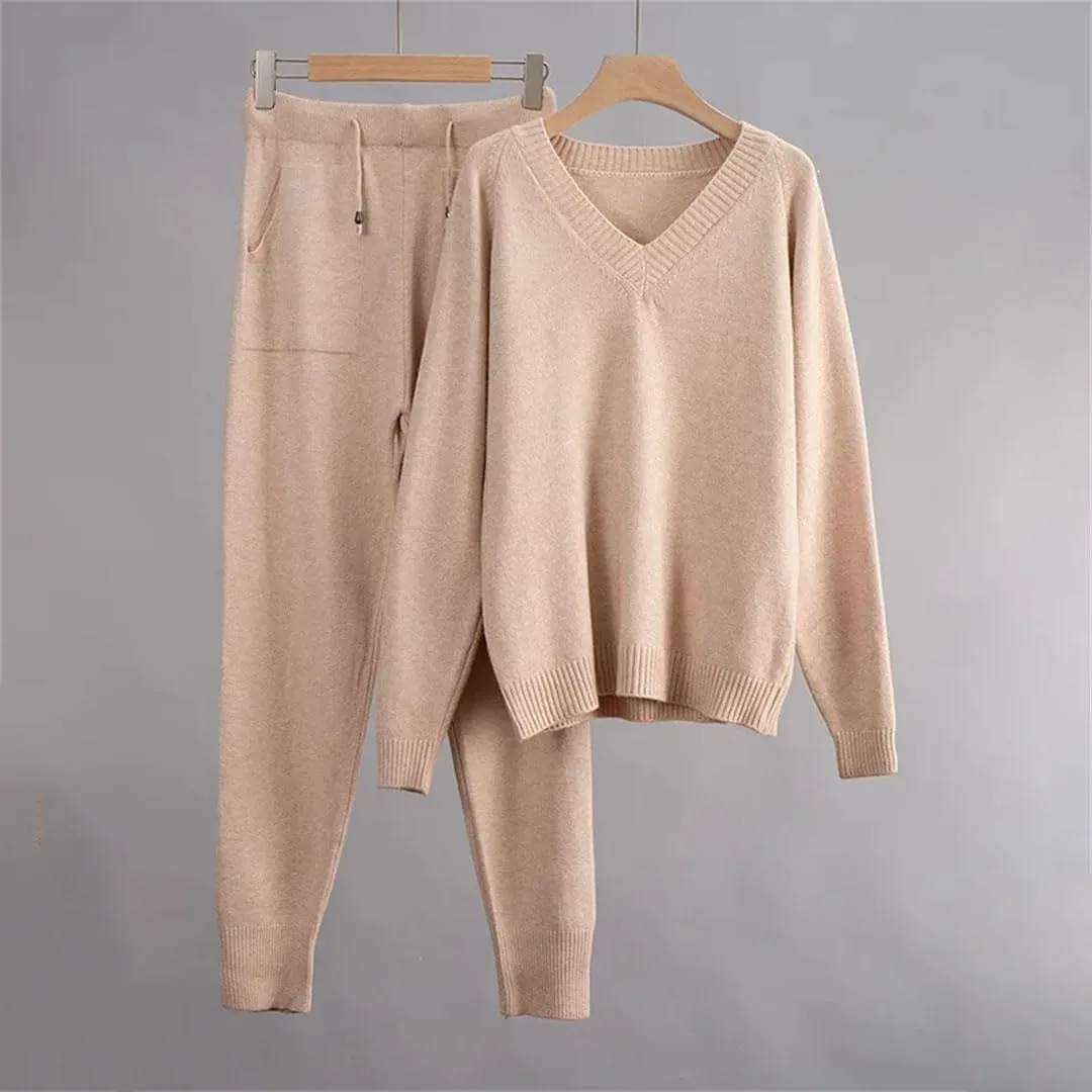 Cashmere Knitted Sets Women Loose V Neck Sweater Pant 2 Pieces Outfit Tracksuits Harem Pants
