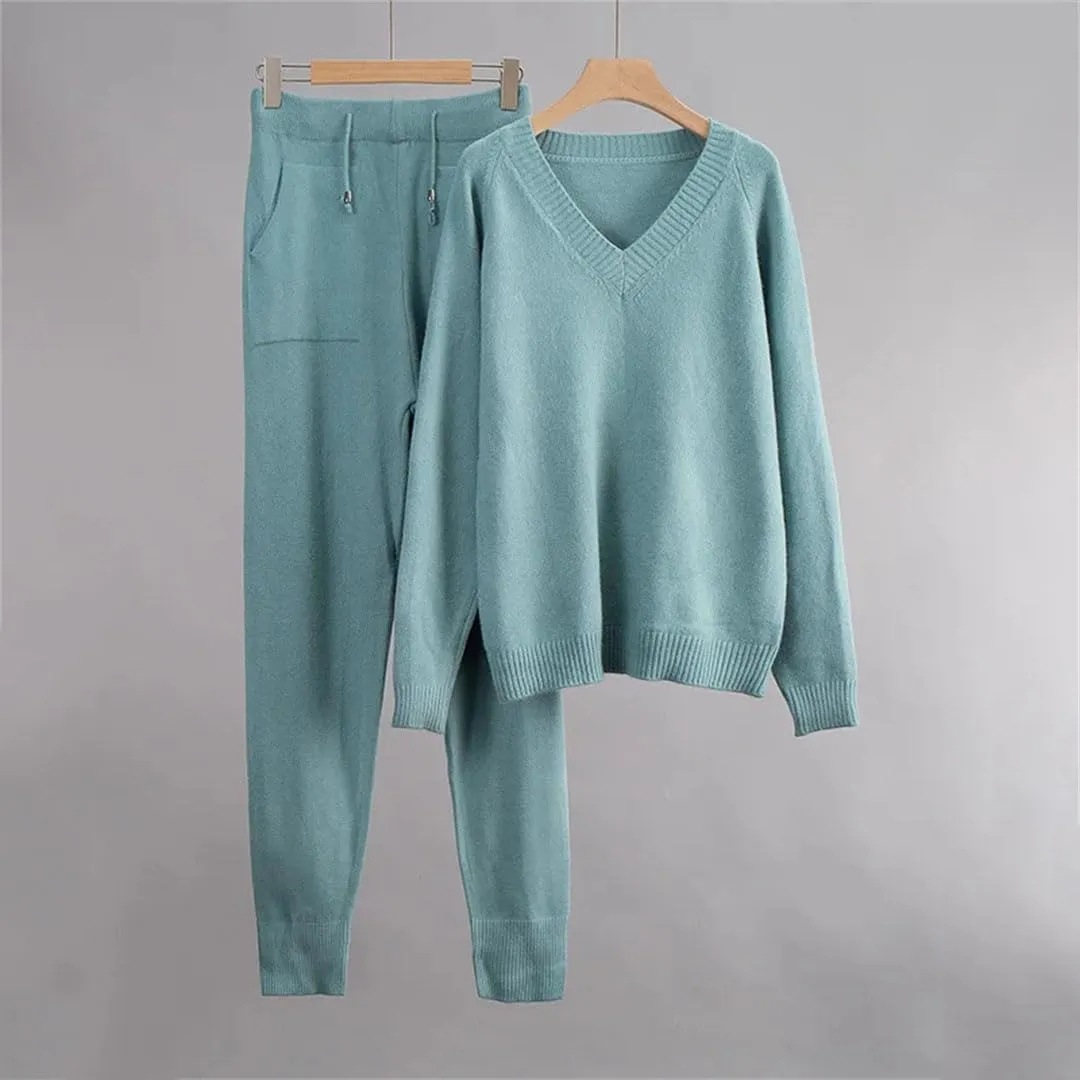 Cashmere Knitted Sets Women Loose V Neck Sweater Pant 2 Pieces Outfit Tracksuits Harem Pants